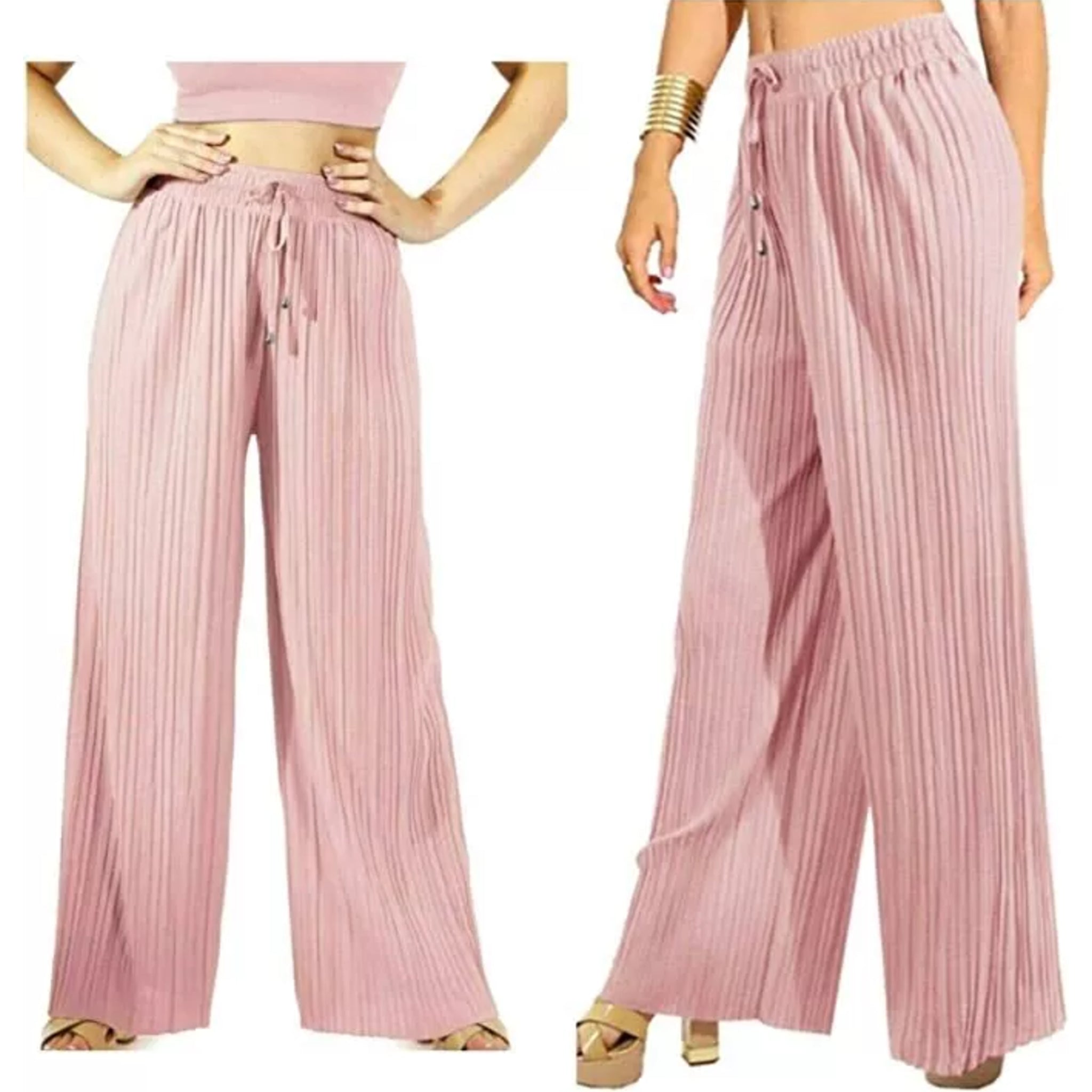 Women's pink pleated wide leg trousers with elastic waist and drawstring, lightweight summer palazzo pants